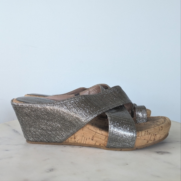 Donald J. Pliner Silver Glitter Leather Toe Wrap Wedges - Picture 3 of 10